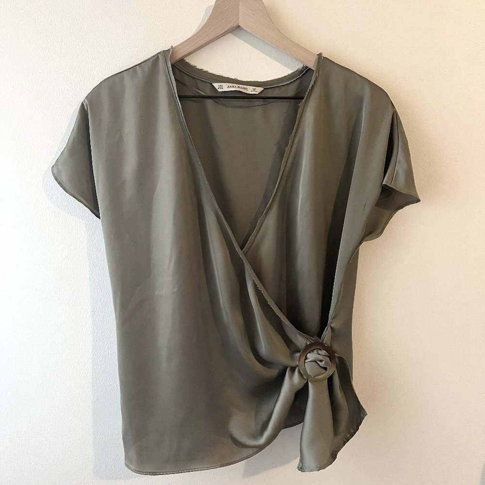 Zara Basics Olive Green Wrap Top with Tortoiseshell Detail